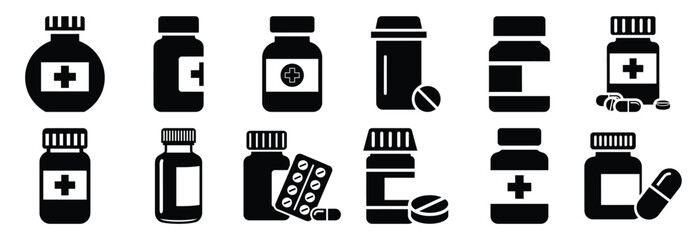 set of prescription medicine silhouette icon vector illustration isolated on white background