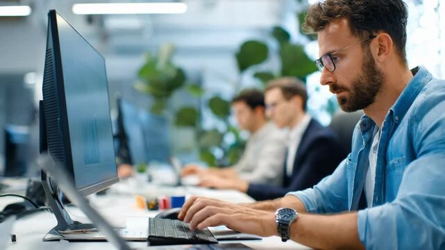 Medium shot of technology specialist calibrating automated billing software for faster client invoice approvals and error reduction.