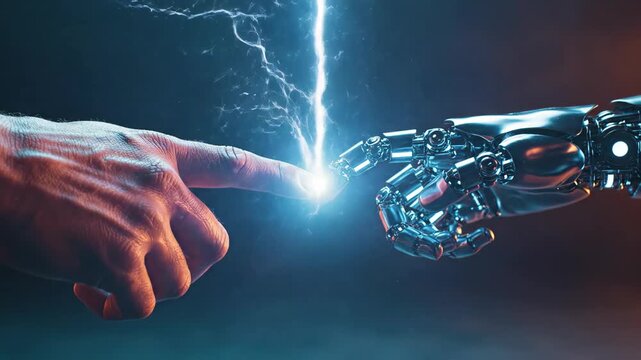 Extreme closeup of human hand reaching toward robotic hand. Fingers nearly touch in first frame. Electric spark ignites on contact in middle frame. Powerful lightning discharges in final frame.