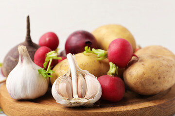 Many different raw vegetables on table, closeup