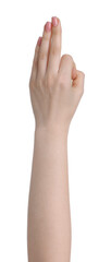 Woman showing okay gesture on white background, closeup