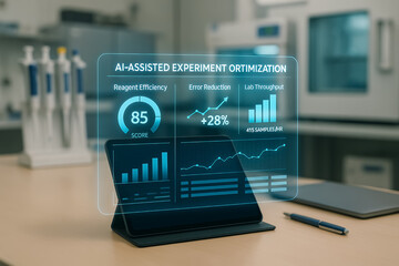 Futuristic AI Assisted Holographic Lab Dashboard Displaying Experiment Optimization Metrics with Reagent Efficiency Error Reduction and Lab Throughput Analytics on Transparent