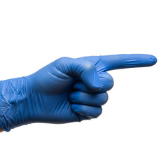 Hand wearing blue latex glove pointing isolated on transparent background