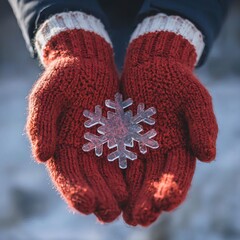 a plastic snowflake in red knitted gloves