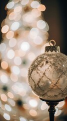 Christmas tree decorated with toys and snow on a blurred background, bokeh effect