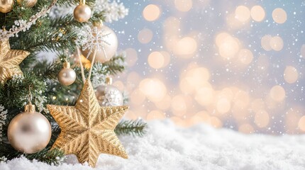 New Year banner with New Year decor on a blurred background, bokeh effect.