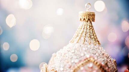 A bright decoration against a shining Christmas tree with bokeh background