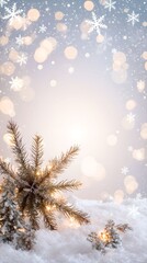 Christmas tree decorated with toys and snow on a blurred background, bokeh effect