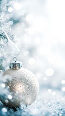 A bright decoration against a shining Christmas tree with bokeh background