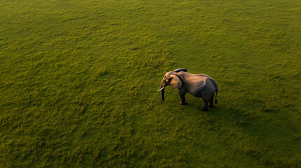 An elephant peacefully grazes on a vast, verdant plain. The scene captures the serenity of nature. The elephant standing tall against a sea of green, embodying resilience.