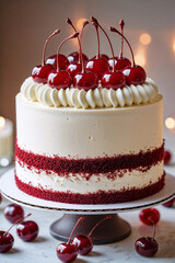 Elegant red velvet cake with smooth white frosting, cherry topping, and piped cream swirl, accented by two bands of red velvet crumbs, presented on a cake stand with soft bokeh lights.