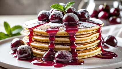 Stack of fluffy pancakes topped with glossy cherries, cherry syrup, powdered sugar, and mint in a horizontal close-up with a soft, rustic background.