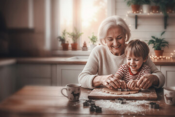 Elderly woman and young boy joyfully baking together in a cozy kitchen, surrounded by flour and baking tools, creating lasting memories through culinary activities