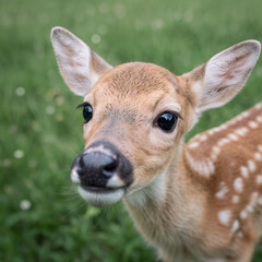 A close-up portrait of a fawn with large dark eyes and spotted fur in a grassy field. Shallow depth of field.