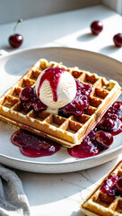 Crispy waffles topped with vanilla ice cream and cherry sauce, served with whole cherries on a ceramic plate, captured in natural light with a bright, vertical composition.