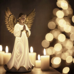 Angel figurine with golden wings stands gracefully among glowing candles, creating a serene atmosphere with soft bokeh lights in the background, symbolizing peace and spirituality