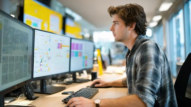 Young manager monitors digital dashboards to optimize workflow and track resources efficiently in a bright office.