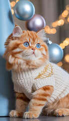 Cute Fluffy Red Cat with Bright Blue Eyes in Cozy Sweater Surrounded by Christmas Decorations, Baubles, and Garland, Capturing the Festive Spirit of the Holidays - Perfect for Charming Greeting Cards