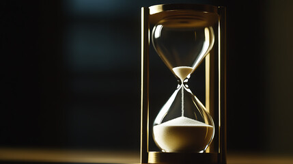 A golden-framed hourglass sits on a wooden surface, its white sand steadily flowing, symbolizing the passage of time against a blurred backdrop. Time is ticking!