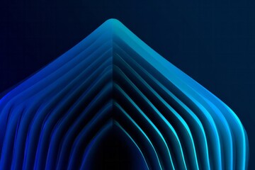 Layered geometric structure displays vibrant blue and cyan light gradients against a dark background
