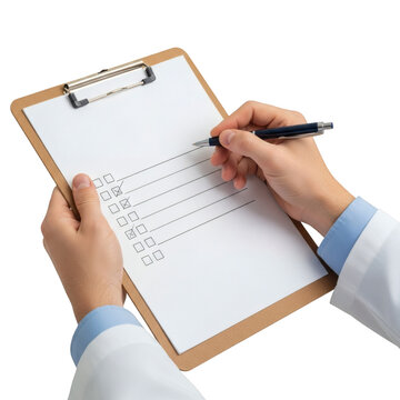 A person in a lab coat writing on a clipboard isolated on transparent background