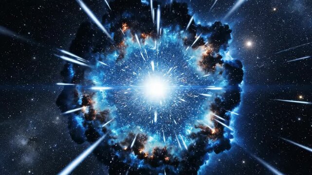 Massive stellar explosion sequence unfolding in deep space. Supernova initiation with bright core burst evolving into expansive cosmic debris field. Astronomy visualization of star destruction and