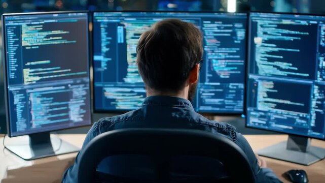 Tech industry recruiter analyzing resumes on multiple screens searching for innovative executives to lead cuttingedge software development teams.