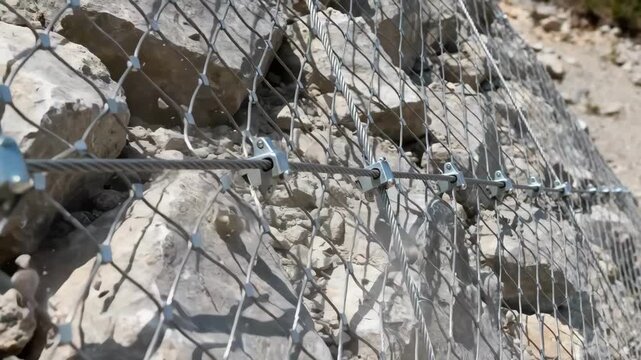 Medium shot capturing the attachment of durable wire mesh over a loose rocky slope to secure debris and enhance surface stability in rugged terrain.