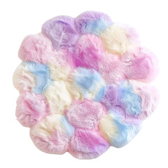 A fluffy round rug with bubble-style shapes features gentle colors of pink, blue, and white. This cut out element shows a soft design ideal for a cozy space