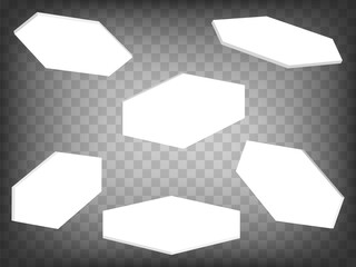 Blank hexagonal card  collection 3d symbols on transparent background. Hexagonal Card sign 3D icon illustration with different views and angles. Graphic elements for your design. EPS 10