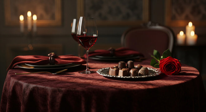 Romantic candlelight dinner setting with red wine glasses and chocolates, dark moody romantic valentine's day luxury background, table date night concept