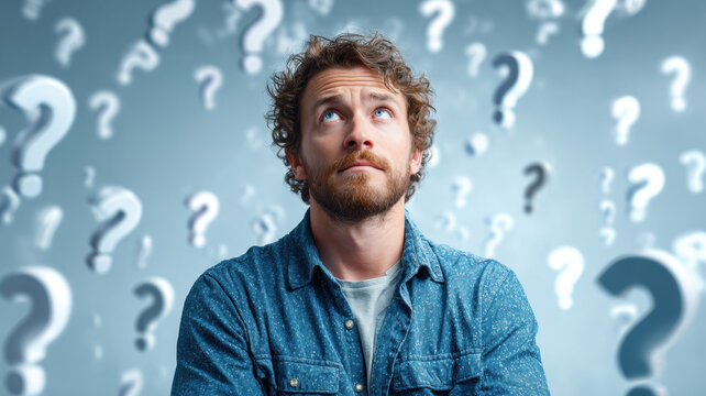Young Man Looking Up Thoughtfully Surrounded by Question Marks on Blue Background Seeking Answers Decision Concept
