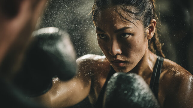 Southeast Asian female boxer performing fast mitt drills under dramatic gym lighting. High-speed, sweaty boxing training energy.