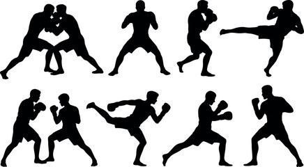 Boxing and martial arts silhouettes in dynamic fighting poses