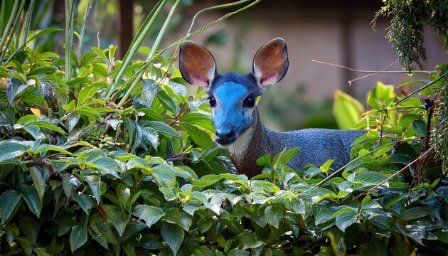 blue duiker hiding among dense brush behind garden wall