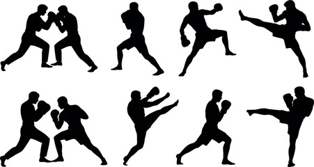 Collection of martial arts silhouettes in various fighting poses