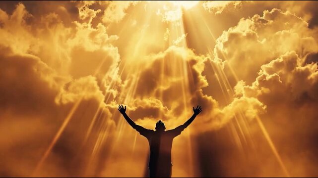 A silhouetted human figure standing with arms raised toward the sky, illuminated by powerful heavenly light rays. Concept of faith, belief in God, prayer, spirituality, divine connection, hope, surren