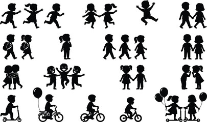 Children activity silhouette set, playful kids vector, black flat icons, school and play moments, CAD drawing flat vector illustration