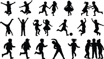 Children playing silhouette set, active kids vector, black flat icons, joyful movement, editable CAD drawing flat vector illustration