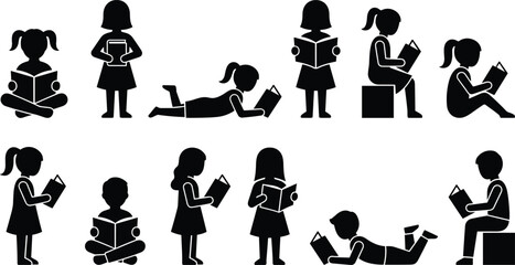 Obraz premium Children reading silhouette vector set, kids with books, literacy poses, black flat icons, editable isolated design