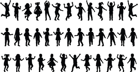 Children silhouette pose set, playful kids vector, black flat icons, joyful movement, editable CAD drawing flat vector illustration