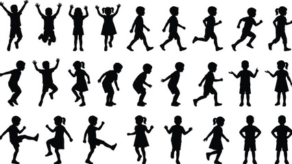 Children silhouette vector set, kids jumping, running, walking, dancing, standing, black flat icons, editable isolated design