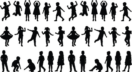 Children silhouette vector set, playful kids poses, dancing, jumping, walking, sitting, black flat icons, editable isolated design
