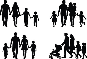 Family silhouette walking set, parents children vector, black flat icons, togetherness moment, CAD drawing flat vector illustration