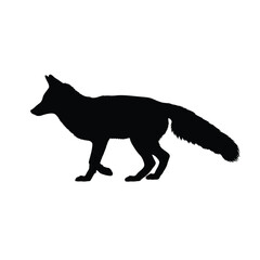 Black silhouette of a fox walking to the left on a white background