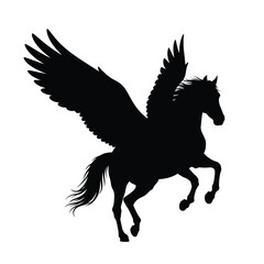 Black silhouette of a winged horse pegasus in mid flight