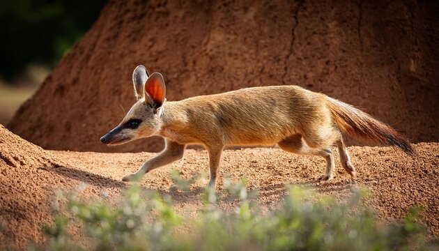 aardwolf walking along dry wall base near termite mound