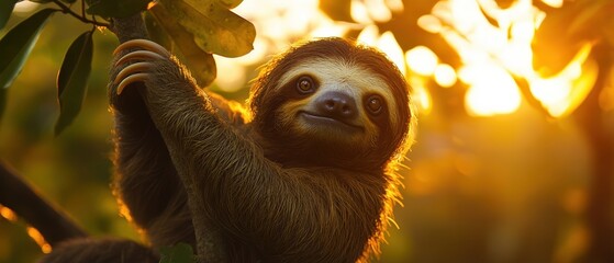 Adorable sloth hanging from tree branch in vibrant sunset jungle environment with warm golden light and lush green foliage