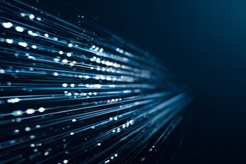 Glowing blue light trails move rapidly through a dark digital space