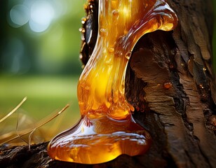 tree sap the tree has resin oozing from its bark the amber colored sticky substance is dripping down the rough surface with grass and leaves in the background